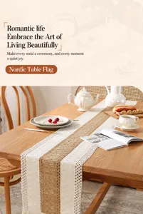 Detalles del camino de mesa de lino nórdico con flecos, elegante diseño de bloques.