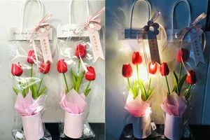 Künstlicher Tulpenstrauß Geschenktüte mit LED-Lichtern, ideal für Valentinstag und Feste.