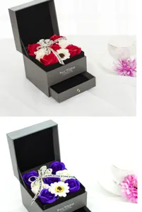 Scatola regalo con cassetto a doppio strato con vivaci fiori di sapone di rosa per feste.