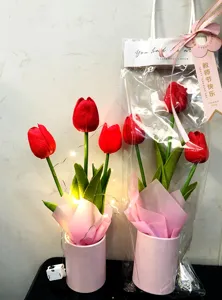 Künstlicher Tulpen Blumenstrauß Geschenk mit LED Lichterkette im rosa Topf für Dekoration