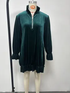 Retro shiny crystal velvet dress with half-zip stand collar and long flare sleeves.