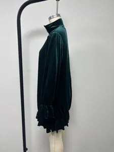 Dark green velvet long sleeve mini dress, half zip mock neck vintage doll dress detail.