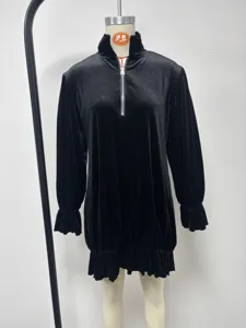 Black velvet mini dress with half zip stand collar and ruffle sleeves for women casual wear.