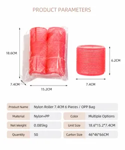 Vue détaillée des rouleaux à cheveux en nylon avec dimensions, spécifications et emballage.