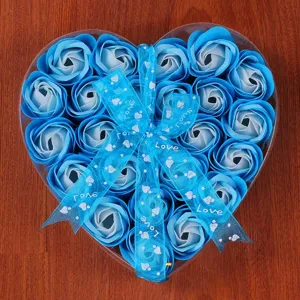 Heart-shaped gift box with blue soap roses and love ribbon for valentines day birthday wedding.