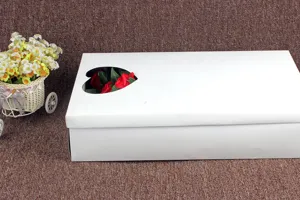 Detail view of the white rectangular gift box with heart cutout and red roses inside.