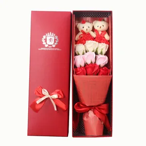 Valentinstag Geschenkbox 9 Seifenrosen Künstliche Blumen mit Süßen Teddybären Rot