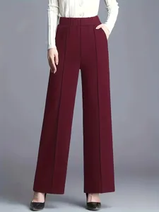 Women's high waist wide leg casual trousers in dark red, elegant drape and comfortable fit style.