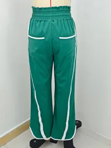Groene casual losse broek met witte bies en hoge taille trekkoord voor dames comfortabel dagelijks