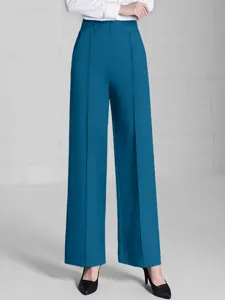 Women high waist wide leg casual pants elegant solid color spring summer trousers detail view.
