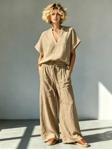 Λεπτομέρεια από casual σετ με λινό κοντομάνικο τοπ και φαρδύ παντελόνι σε μπεζ χρώμα.