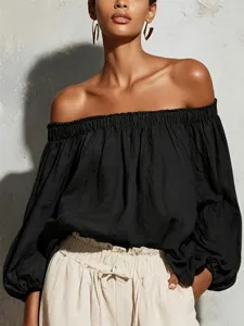 Discover this chic off-shoulder lantern sleeve blouse, a stylish solid color casual top for women.
