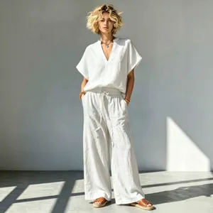 Γυναικείο Casual Βαμβάκι Λινό V-Λαιμόκοψη Κοντό Μανίκι Πουκάμισο Και Παντελόνια με Πλατιά Πάτσια Σετ Μονόχρωμο Φαρδύ Δύο Τεμαχίων Καλοκαιρινά Ρούχα