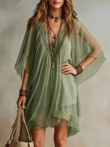 Green V-neck chiffon beach dress, loose summer cover-up for women vacation holiday style.