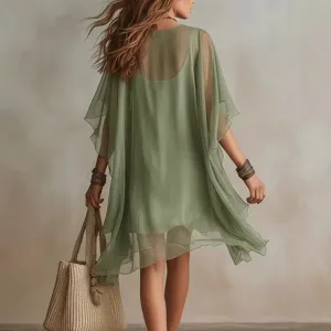 Summer back view sage green chiffon beach dress loose cover up detail view lightweight fabric