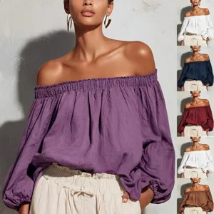 Women's Casual Cotton Linen Blend Off The Shoulder Long Lantern Sleeve Solid Color Blouse Regular Fit Commuter Shirt