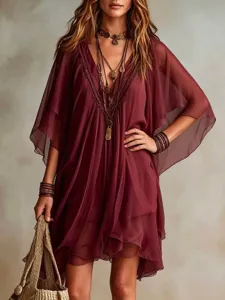 Elegant burgundy V-neck chiffon beach dress, loose summer resort cover-up for women.