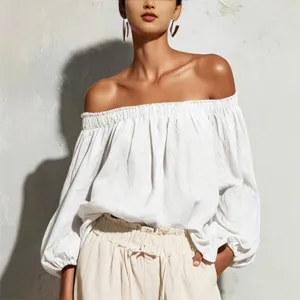 Off-shoulder long lantern sleeve top, solid color linen cotton women's casual shirt.