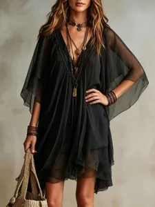 Summer black V-neck chiffon dress, loose beach cover-up and stylish holiday dress for women.