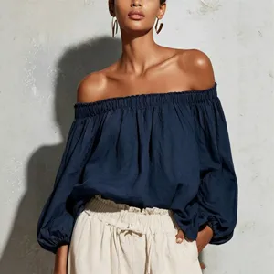 Women off the shoulder long sleeve blouse casual solid color cotton linen shirt top