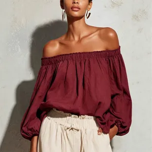 Women off shoulder long lantern sleeve solid color casual blouse elegant top for daily wear