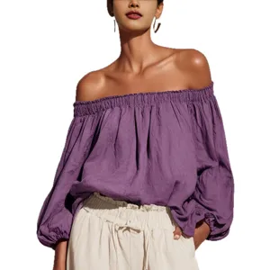 Women off-shoulder solid color lantern sleeve top casual blouse main front product view
