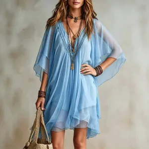 Summer Women V-Neck Chiffon Dress Beach Vacation Loose Cover-Up Casual Blue Sundress