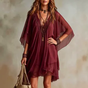 Elegant women's V-neck chiffon beach dress, loose bohemian style summer holiday cover-up.