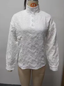 White mock neck half-placket drop shoulder long sleeve casual textured blouse for women wear