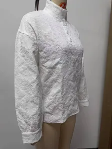 Casual solid white stand collar dropped shoulder long sleeve pullover top for women autumn fashion