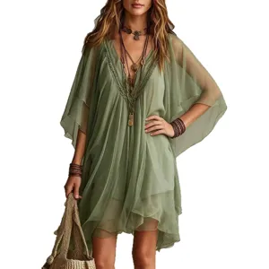 Summer women's V-neck chiffon beach dress, loose vacation cover-up in light green.