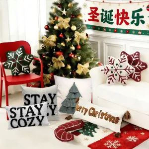 Christmas Decorative Throw Pillow Cotton Tufted Snowflake Tree Candy Cane Cushion Cover For Sofa Bed Home Holiday Decor