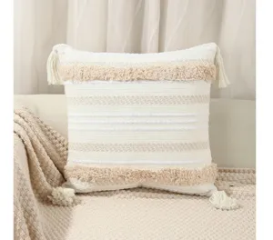 Bohemian woven tufted throw pillow detail, stylish tassel decor for sofa decor items