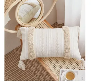 Bohemian tufted lumbar pillow cover with tassels, Moroccan boho sofa throw pillow for home decor