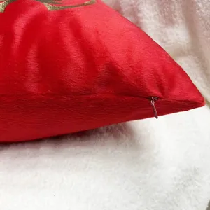 Red short plush throw pillow cover with hidden zipper, festive Chinese style cushion case.
