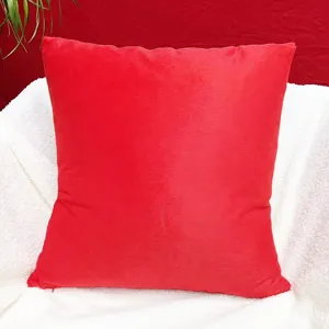 Red short plush pillow cover fabric detail, soft texture surface closeup shot for home decor