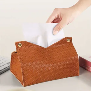 Light luxury brown woven leather tissue box for desktop living room and car home decor.