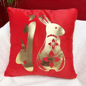 Red Chinese New Year throw pillow cover with gold stamped rabbit and fortune character for home decor