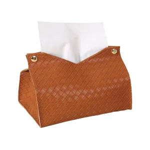 Brown woven leather tissue box modern luxury car desktop napkin holder with gold metal snaps