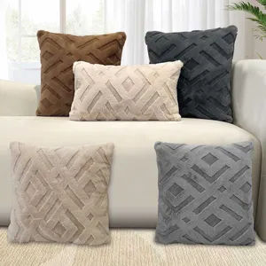 Funda de Cojín Lisa de Peluche Jacquard Rejilla Suave Funda de Almohada para Oficina Sala de Estar Sofá Decoración