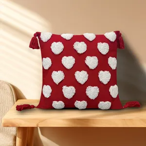 Red tufted heart pillow with tassels, cute square cushion for home sofa bed decor and living room.