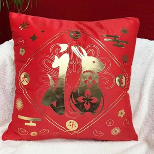 Red velvet Chinese New Year cushion cover gold stamped rabbit pillow case festive decor