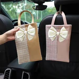 Car Tissue Box Hanging Auto Seat Back Storage Pouch Cute Bowknot PU Leather Polyester Car Interior Decor Accessories