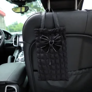 Car tissue holder, black puff grid hanging paper storage bag with bowknot for auto interior decor
