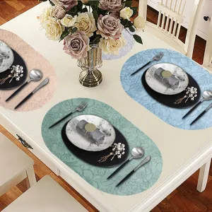 Leichter Luxus Oval Leder Platzset Wärmeisolierung Wasserdicht Tischmatte Gepflegtes Blumenmuster Esstisch Dekor