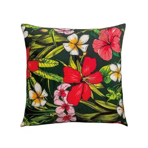 Tropical floral print velvet throw pillow cover, vibrant red hibiscus cushion for sofa, bed, home decor.