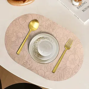 Ovale Tischset aus Leder mit Blumenprägung, hitzebeständige Matte für Esstisch zu Hause.
