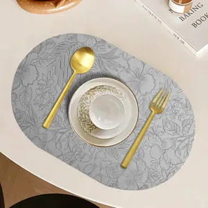 Graue ovale Tischset aus Leder mit Relief Blumen hitzebeständig Esszimmer Tischdeko.