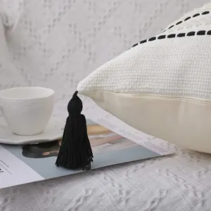 Nordic Woven Tufted Throw Pillow Cover Cotton Square Cushion Case with Black Tassels