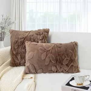 Brown plush jacquard throw pillow cover for living room sofa, cozy decorative cushion case.